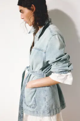 Tie-belt denim jacket - Bleu denim clair — photo 3