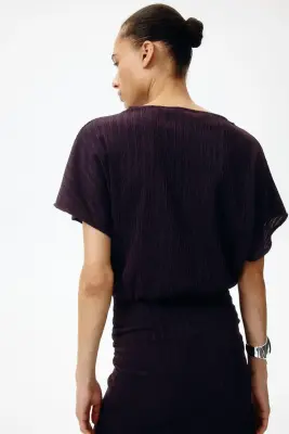 Robe froissée à manches papillon - Marron foncé — photo 3