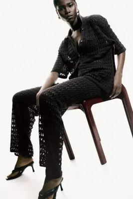 Pantalon en coton façon crochet - Marron foncé — photo 2