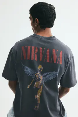 T-shirt imprimé Relaxed Fit en coton - Noir délavé/Nirvana — photo 3