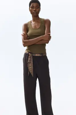 Pantalon en lin mélangé avec foulard - Marron foncé — photo 1