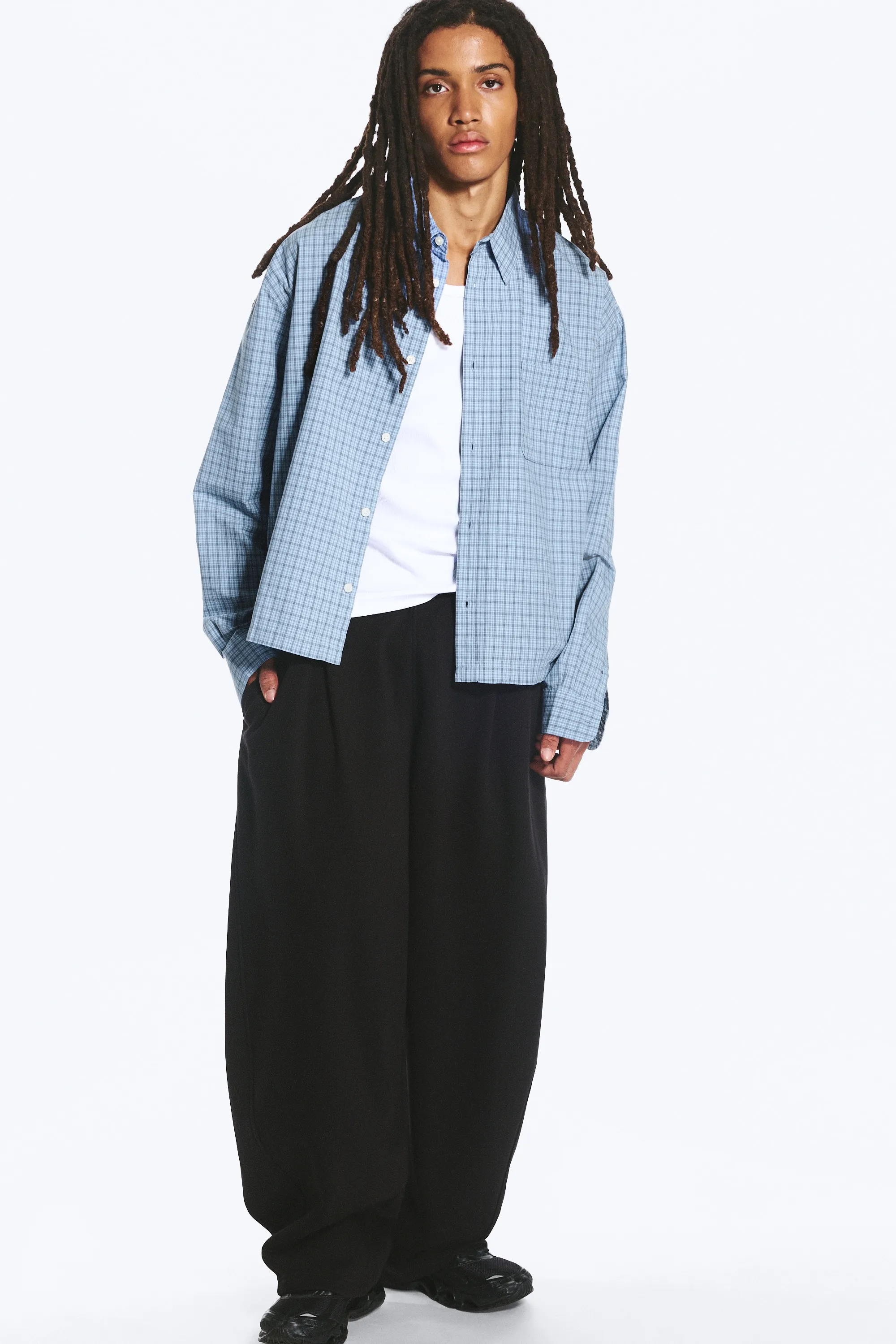 Chemise carrée décontractée en popeline - Bleu à carreaux