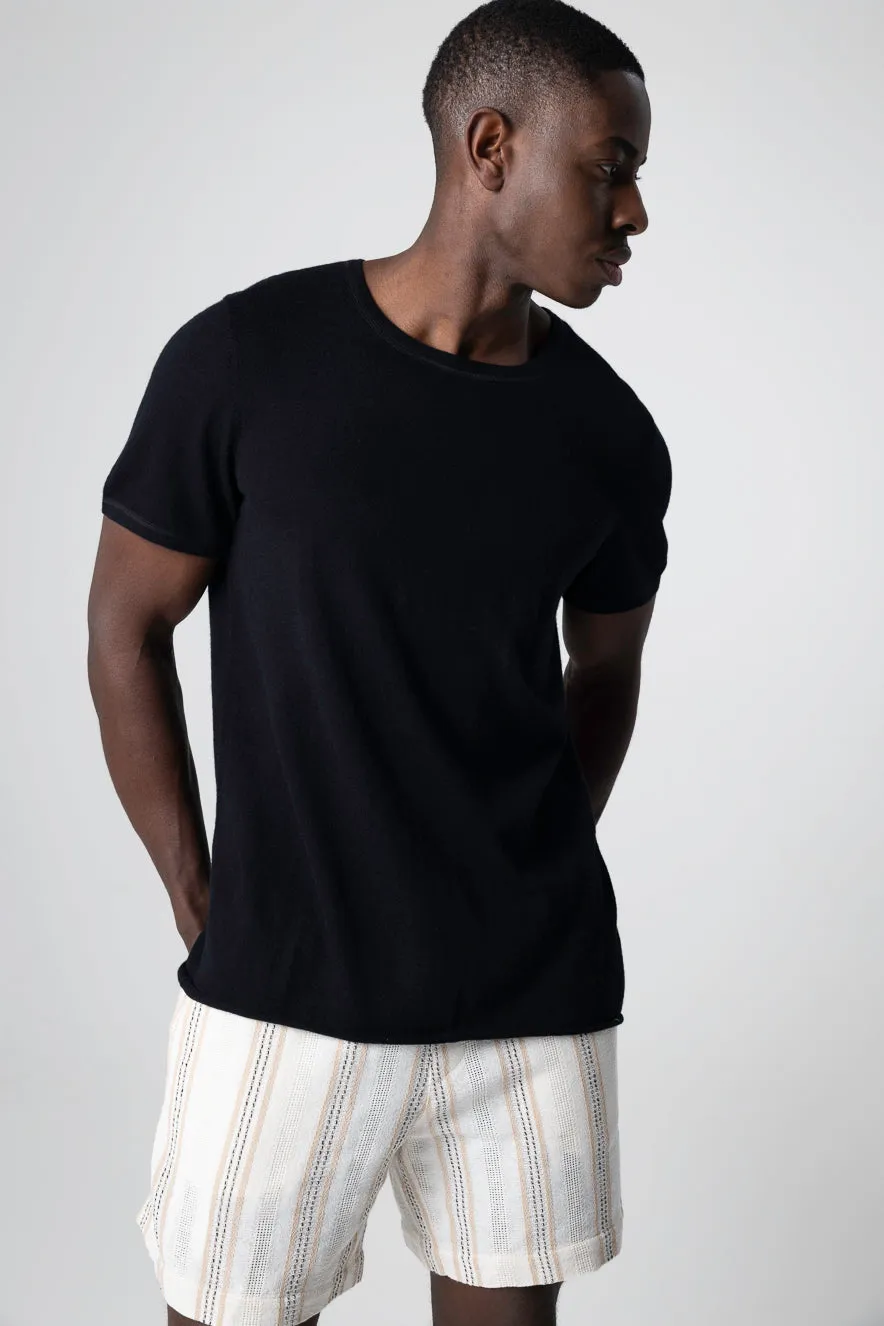 T-shirt Noir Col Rond Manches Courtes en Cachemire