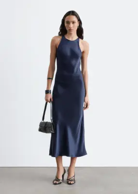 Robe midi en satin sans manches - Bleu foncé — photo 1
