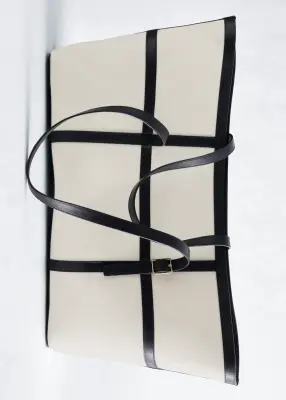 Sac cabas en toile à bordures en cuir - Blanc/Noir — photo 1