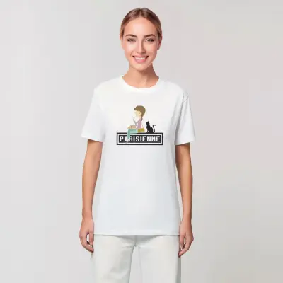 T-SHIRT COTON BIO IMPRIMÉ – PARISIENNE CHAT - BLANC — photo 3