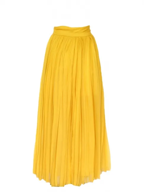 Jupe longue taille haute en mousseline de soie plissée jaune moutarde Prix boutique 2200€ Taille 36