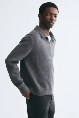 Polo Regular Fit en laine - Gris foncé chiné — photo 3