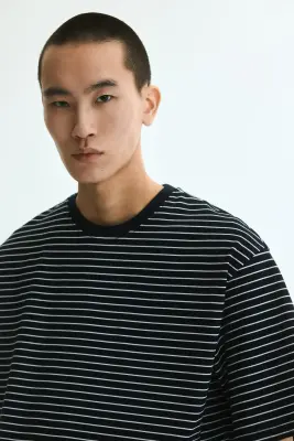 T-shirt boxy Relaxed Fit en coton - Bleu marine/rayé — photo 1