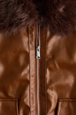 Veste avec col duveteux - Marron — photo 5