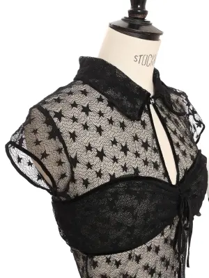 Top en maille noir manches courtes brodé étoiles bordé velours boutons CC Fall Winter Prix boutique 8500€ Taille 36 — photo 3