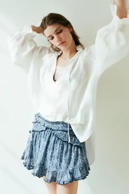 Jupe à volants ruchés en coton - Bleu/motif cachemire — photo 2