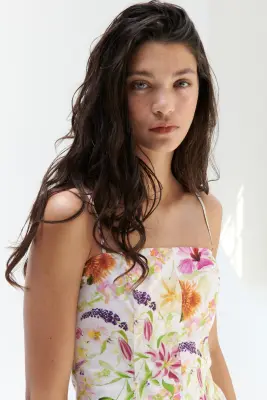 Robe à bretelles fines en coton avec jupe évasée - Blanc/fleuri — photo 2