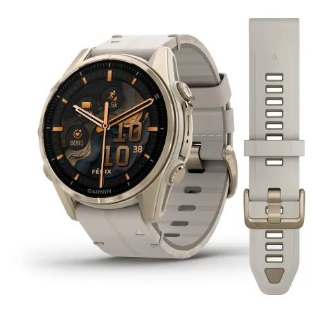 Garmin Fenix 8 Amoled 43mm Verre Sapphire lunette Soft Gold bracelet cuir beige crème + silicone gris cendré 010-02903-40