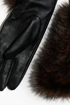 Gants en cuir avec bords duveteux - Noir — photo 2