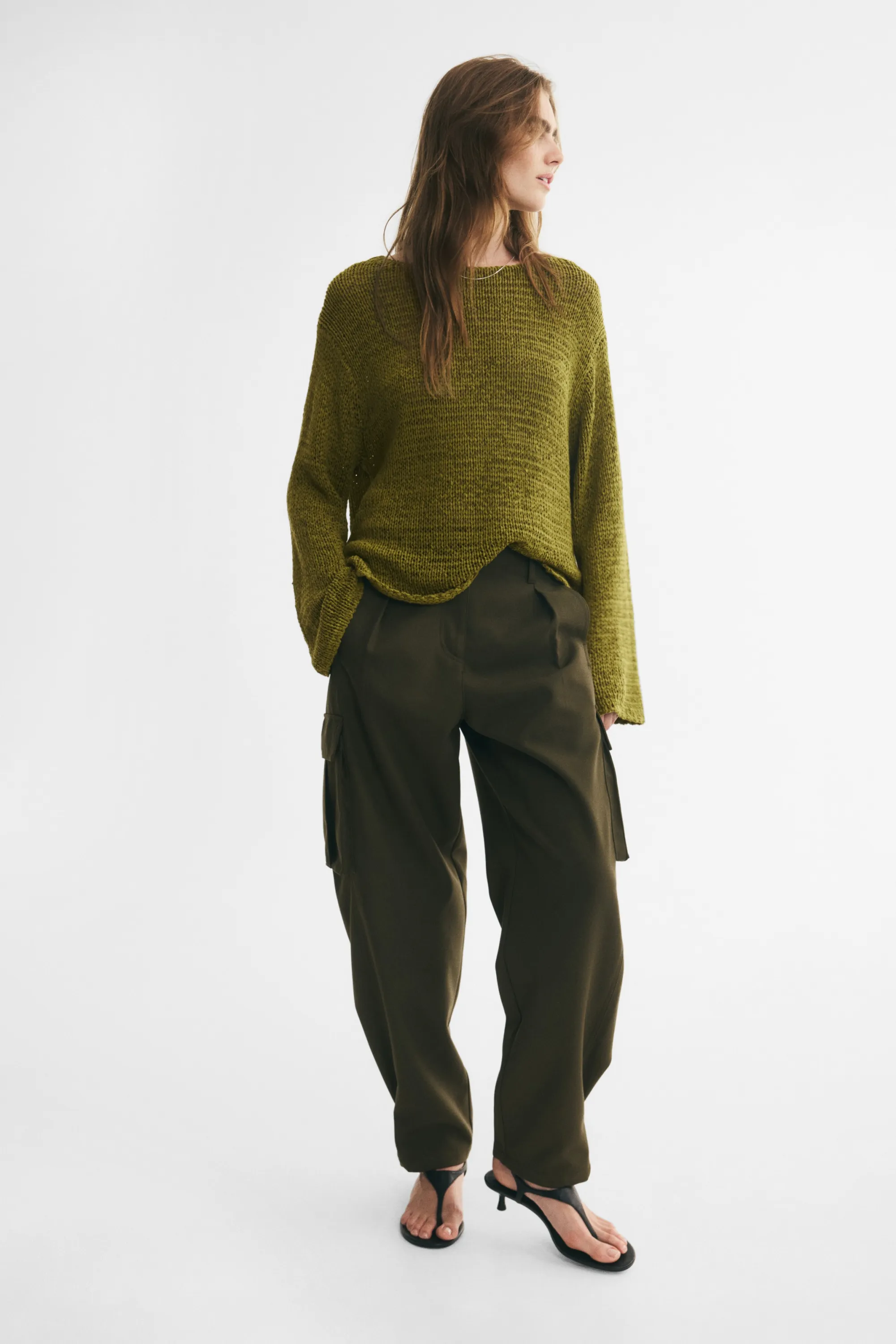 Pull oversize en maille texturée - Vert kaki chiné