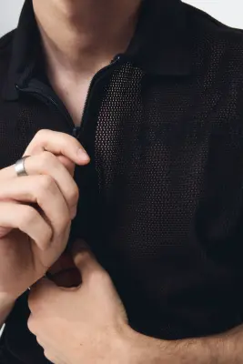 Polo Regular Fit en maille ajourée - Noir — photo 2