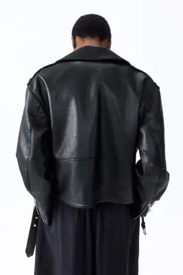 Veste de style motard en tissu enduit - Noir — photo 3