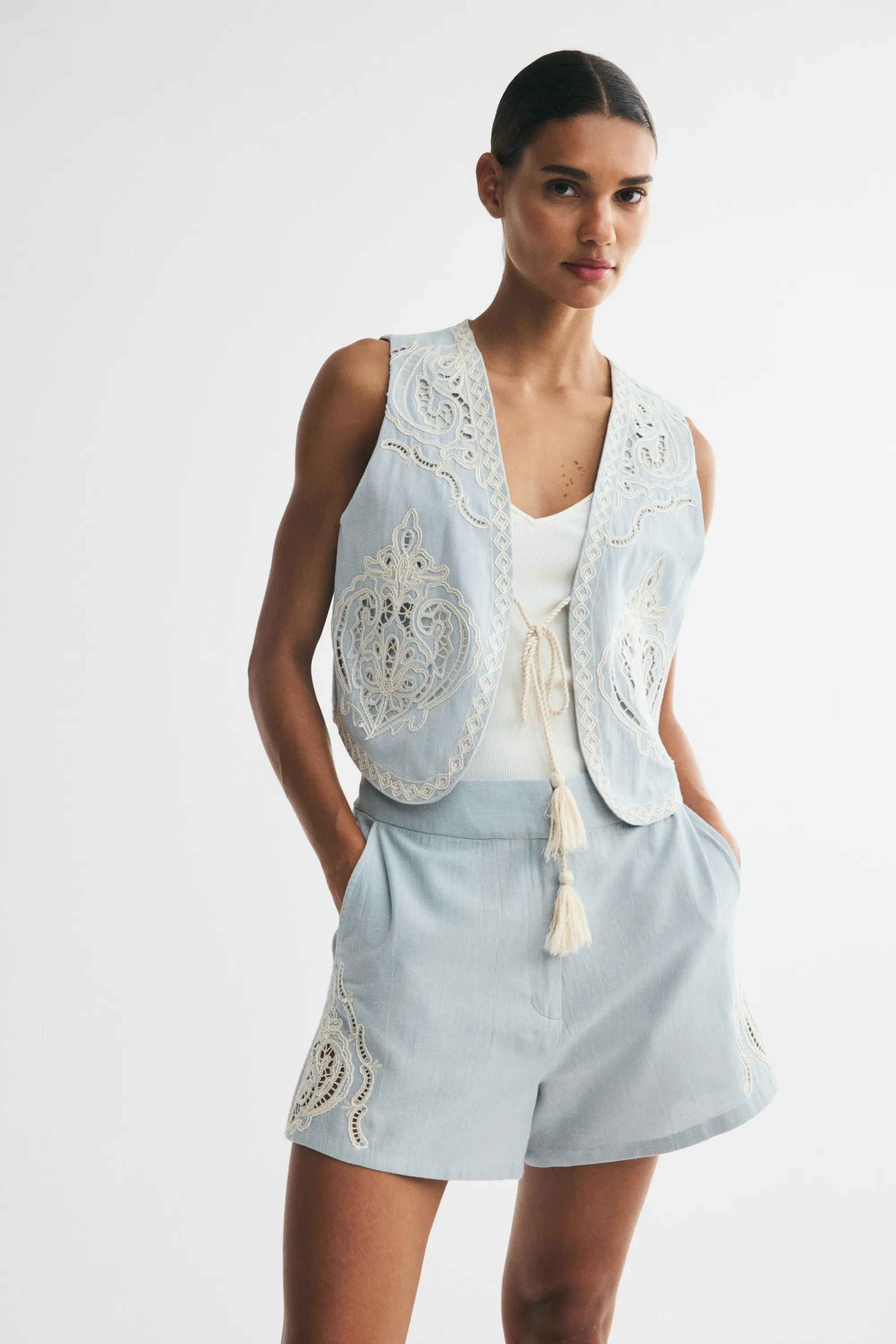 Gilet sans manches en lin mélangé - Bleu ancien clair/crème