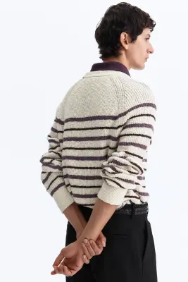 Pull Relaxed Fit en maille côtelée - Crème/rayé — photo 3