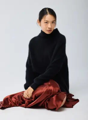 Pull Noir Col Roulé Manches Longues en Laine / Fox / Polyamide