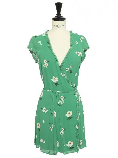 Robe manches courtes cache coeur en crêpe vert fleuri blanc Taille M