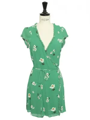 Robe manches courtes cache coeur en crêpe vert fleuri blanc Taille M — photo 1
