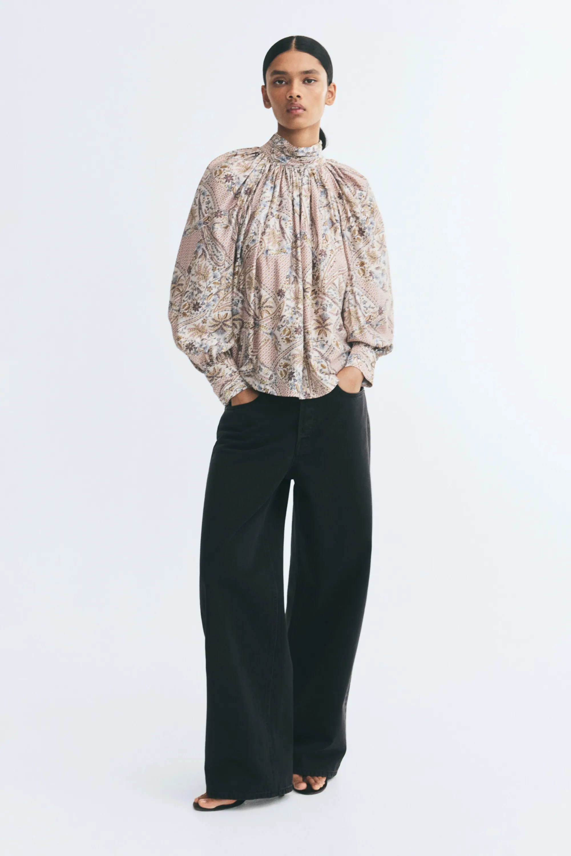 Blouse à manches ballon - Beige clair/motif paisley
