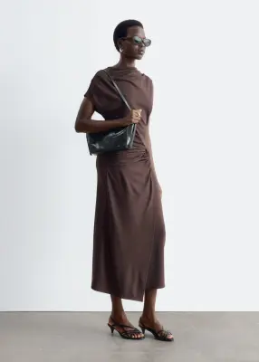 Robe portefeuille à effet drapé - Marron foncé — photo 4