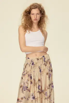 Jupe à taille smockée - Beige clair/fleuri — photo 2
