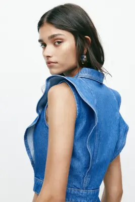 Gilet sans manches volanté en denim - Bleu denim — photo 3