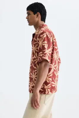 Chemise Relaxed Fit en coton avec col cubain - Rouge rouille/motif — photo 4