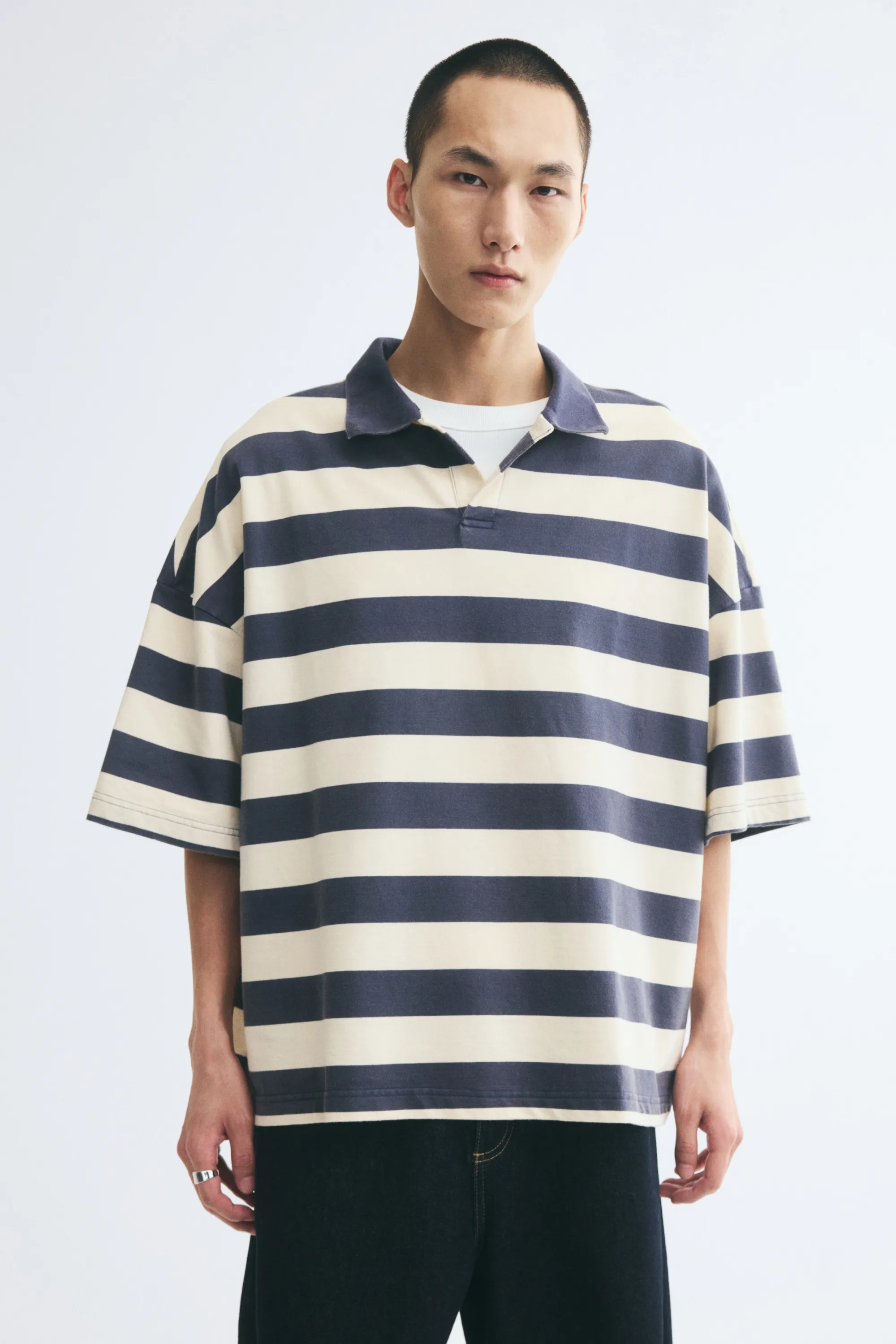 Polo Oversized Fit en coton - Bleu ancien foncé/rayé