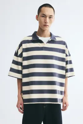 Polo Oversized Fit en coton - Bleu ancien foncé/rayé — photo 1