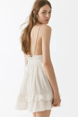 Robe en lin mélangé avec jupe évasée - Beige clair — photo 2