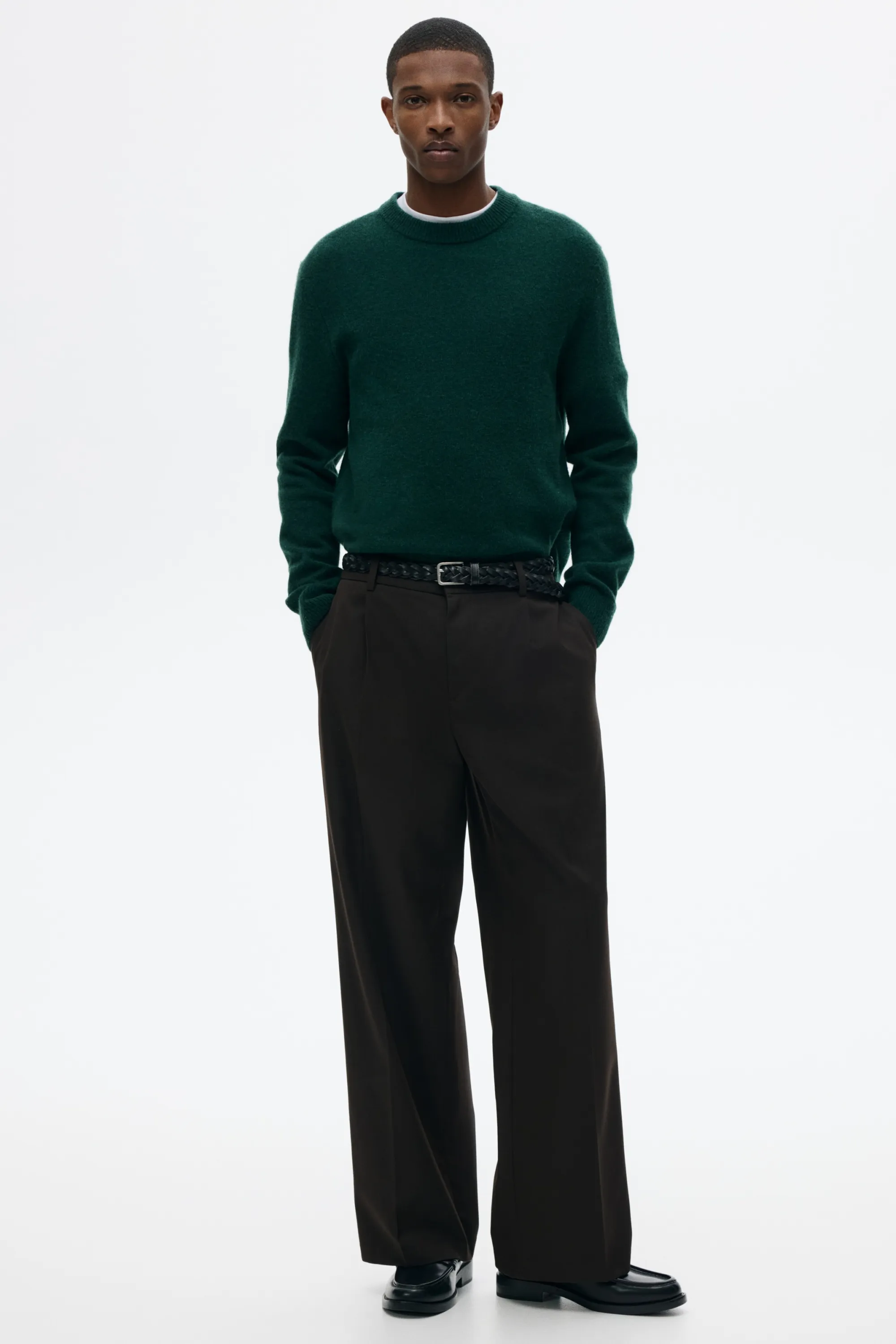 Pull Regular Fit en maille fine de laine - Vert foncé