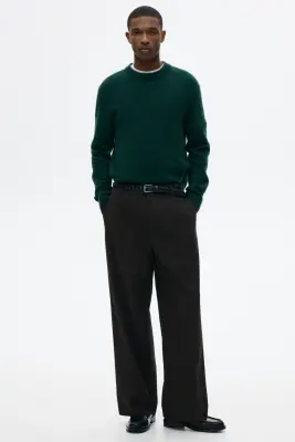 Pull Regular Fit en maille fine de laine - Vert foncé — photo 1