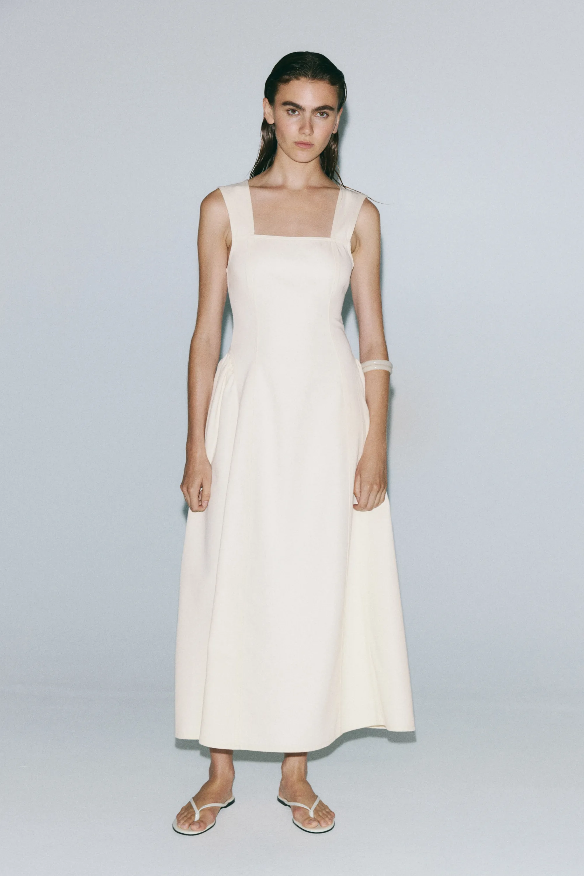 Robe en twill avec jupe évasée - Crème