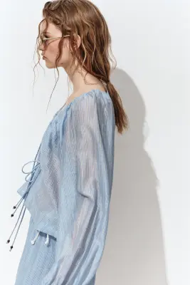 Blouse à nouer en lin mélangé - Bleu clair/rayé — photo 2
