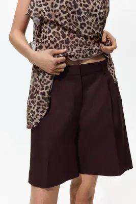 Short chic en lin mélangé - Marron foncé — photo 3