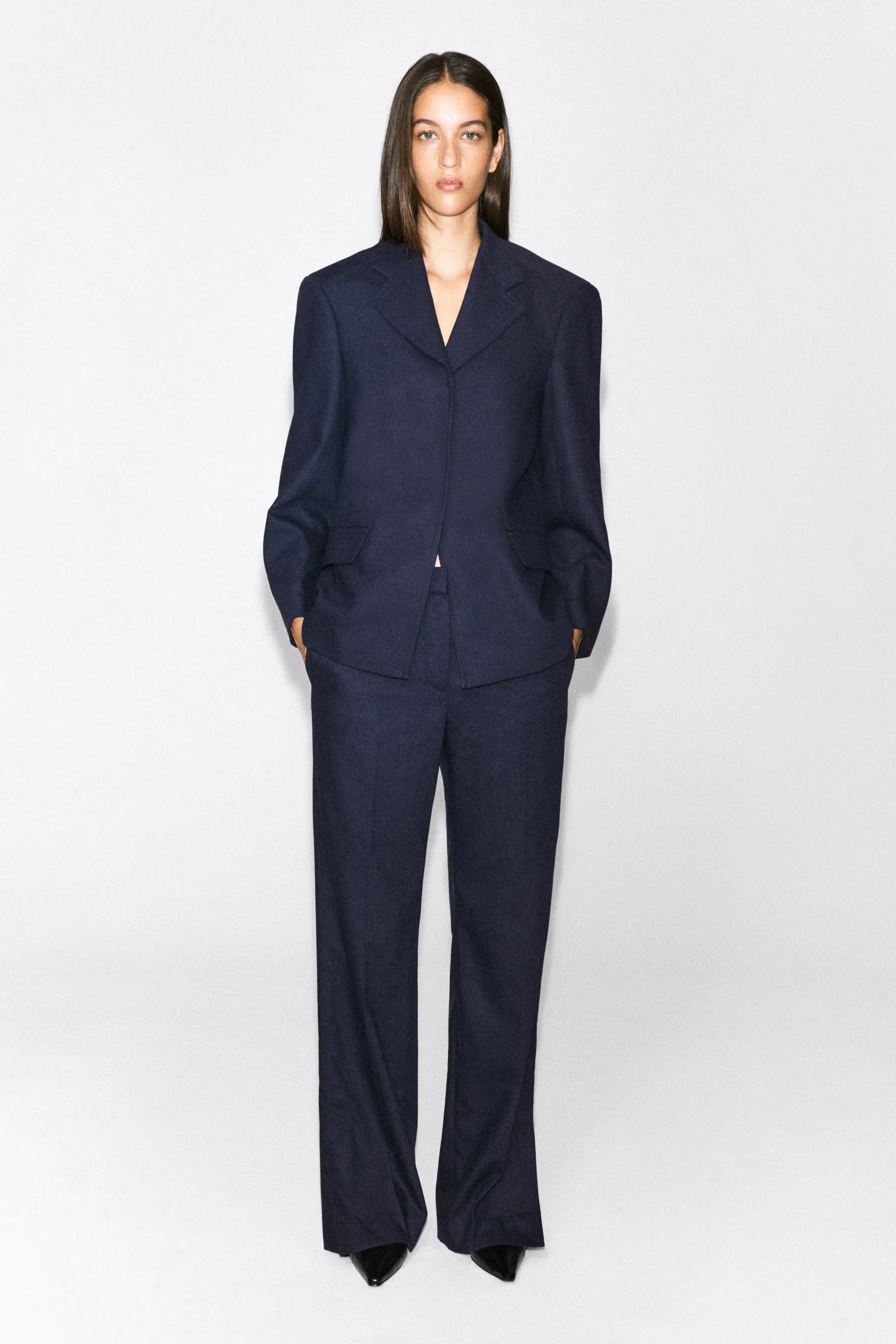 BLAZER STRUCTURÉ EN LAINE MÉLANGÉE - BLEU MARINE