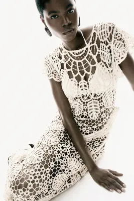 Robe façon crochet avec manches volantées - Crème — photo 1