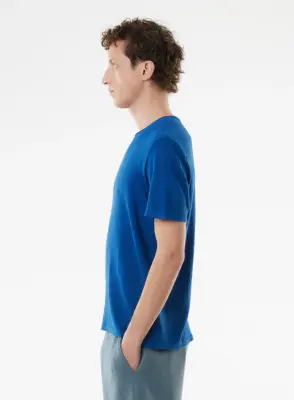 T-shirt Bleu Manches Courtes Col Rond en Lin / Elasthanne — photo 2