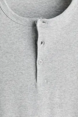 T-shirt Slim Fit à col tunisien en coton côtelé - Gris clair chiné — photo 4