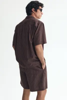 Ensemble chemise et short en lin mélangé - Marron foncé/blanc — photo 3