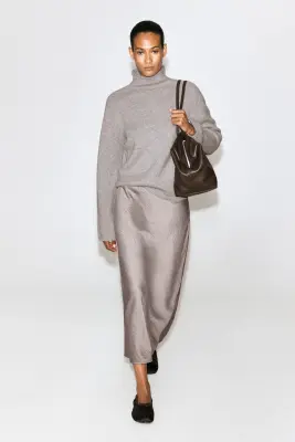 JUPE MIDI EN SATIN FROISSÉ - GRIS TOURTERELLE — photo 2