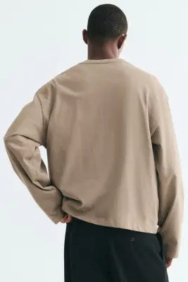 T-shirt à manches longues Oversized Fit en jersey - Beige foncé — photo 3