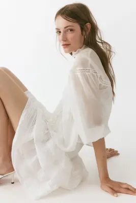 Frill-trimmed balloon-sleeved blouse - Blanc — photo 3
