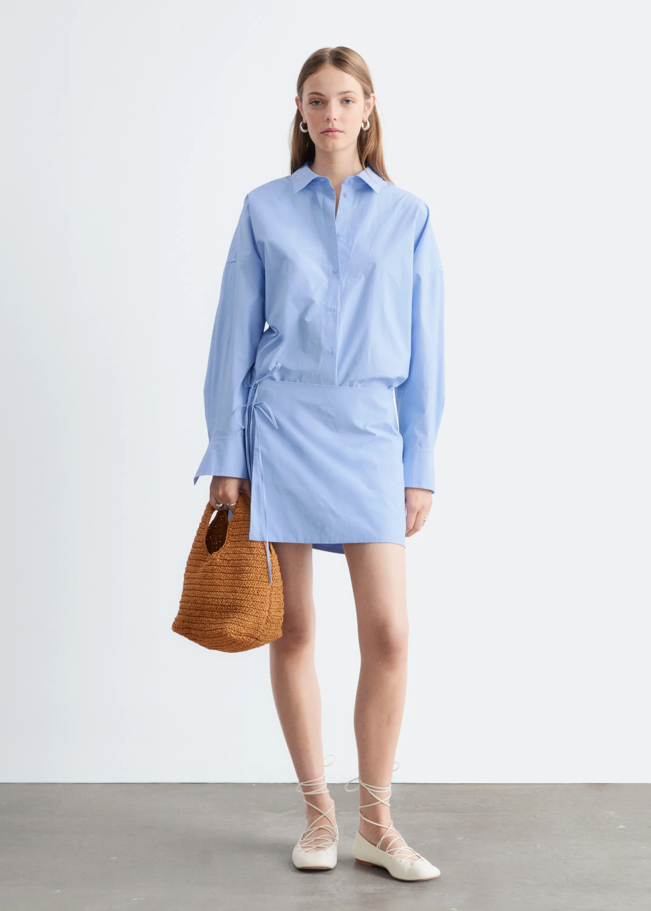 Robe-chemise courte à nouer - Bleu clair