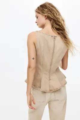 Top péplum en denim - Beige clair — photo 2